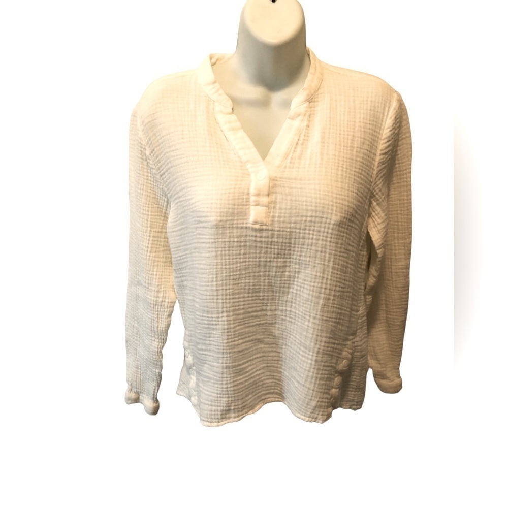 Garnet Hill Textured Gauze Top Blouse Sz. 8 White V~Neck Long Sleeve Boho Style